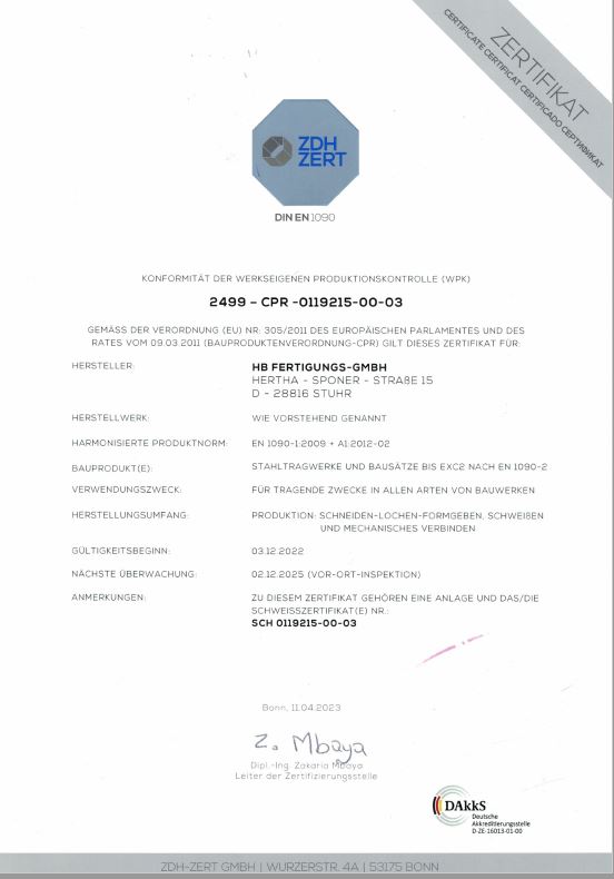 DIN EN 1090 Zertifikat der HB Fertigungs GmbH für Metallbau und Schweißkonstruktionen