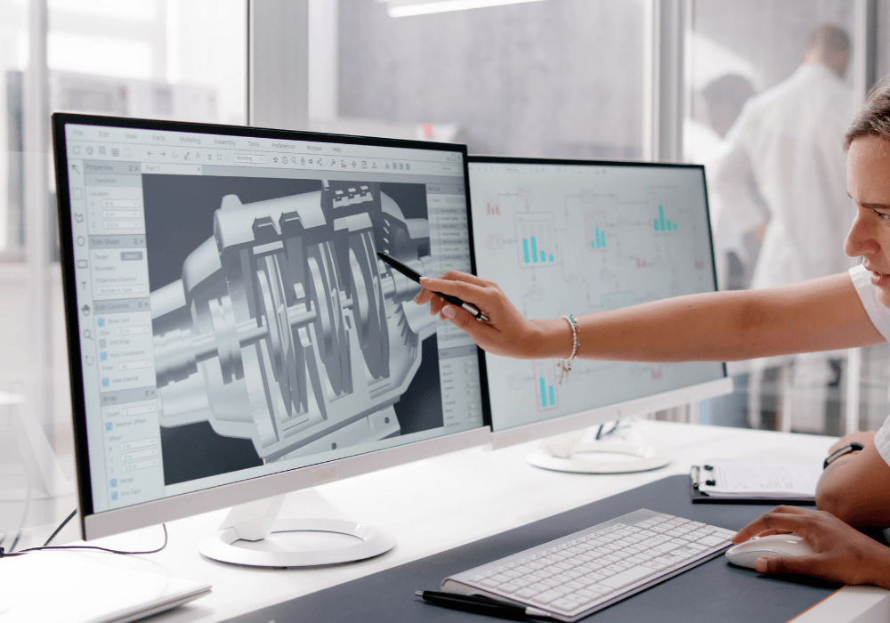 3D-CAD-Modell eines Metallbauteils auf Monitor in Ingenieurbüro in Stuhr bei Bremen