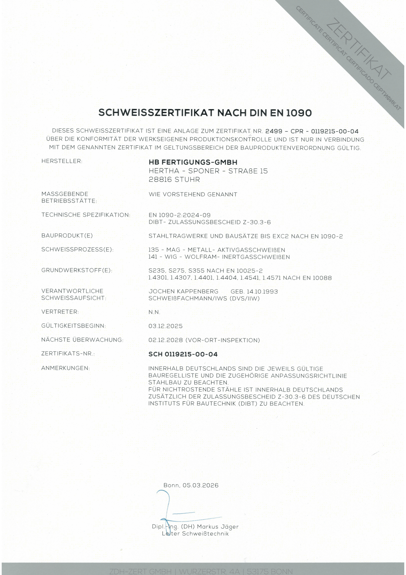 Zertifikat DIN EN 1090 Schweißtechnik HB Fertigungs GmbH Stuhr Bremen