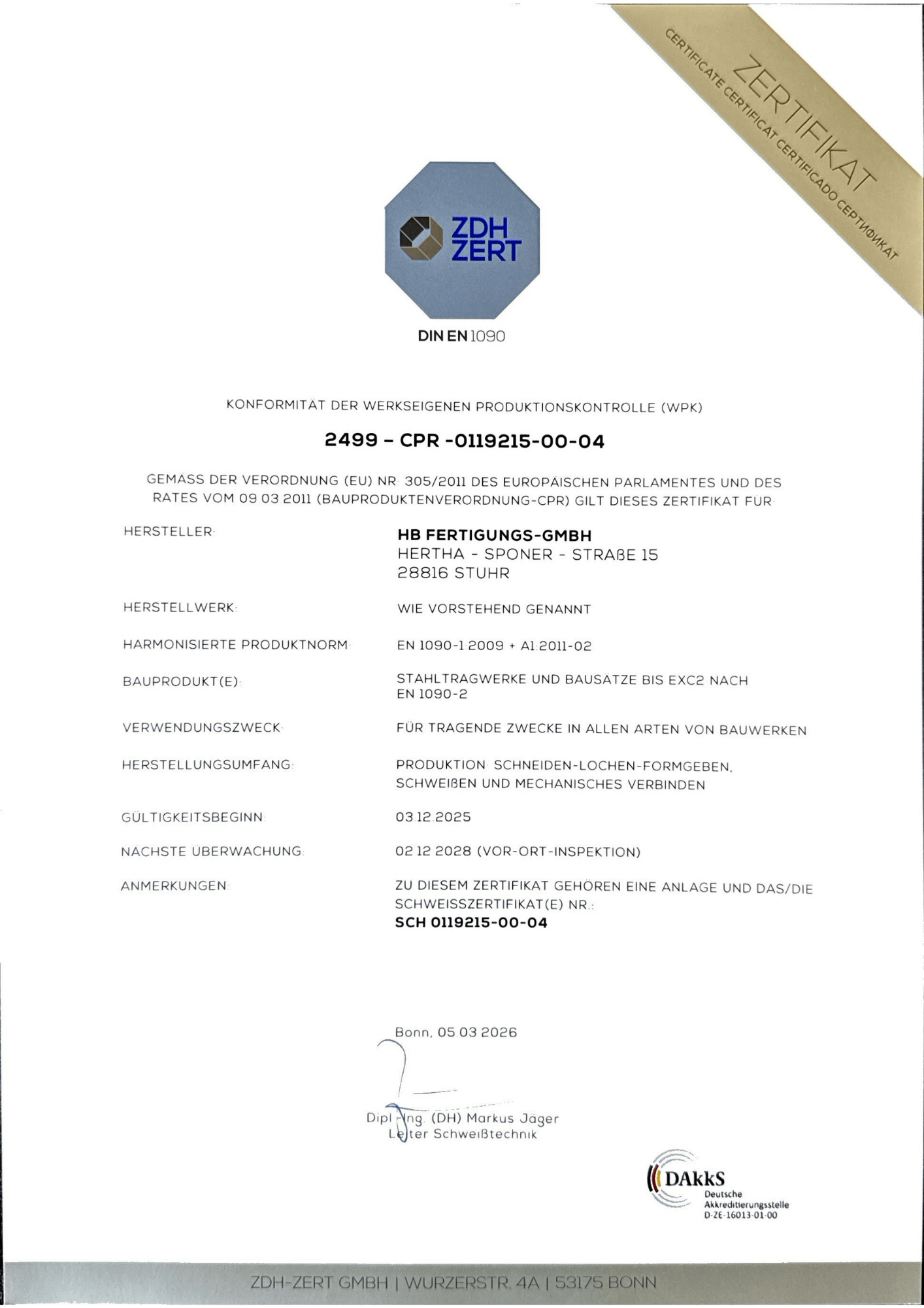 Certificate cover page featuring the ZDH ZERT octagonal logo, DIN EN 1090, and a diagonal gold 'ZERTIFIKAT' ribbon in the corner
